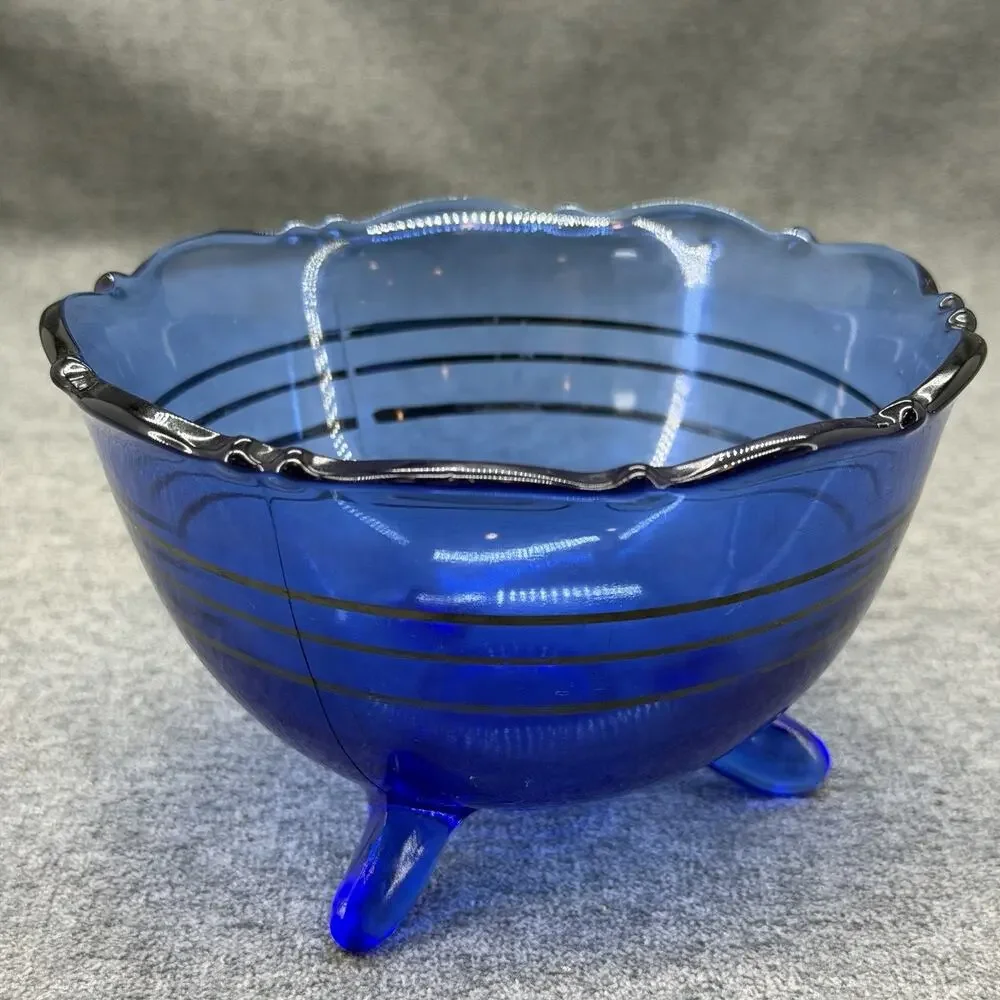 VTG Cobalt Blue Glass Candy Dish Bowl Mt Pleasant 3 Black Stripes 3 Toed READ